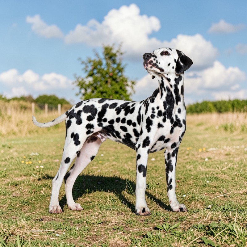 Ein Dalmatiner Hund steht auf einer Wiese mit blauem Himmel und Wolken im Hintergrund.