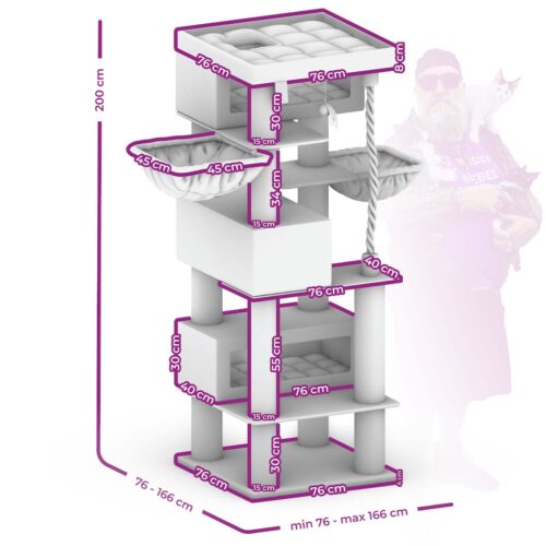 Grande tiragraffi bianco con ripiani, piazzole imbottite, amaca e tana per arrampicarsi. Con pali per graffiare e corda da arrampicata in sisal. Viola. Dimensioni: altezza 200 cm, larghezza dei moduli variabile da 76 a 166 cm.