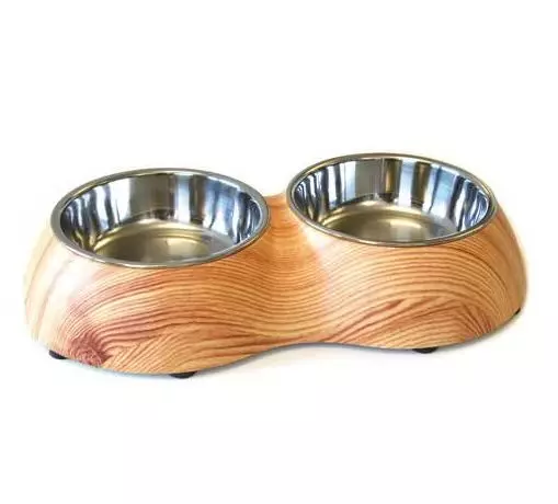 Double bowl with wooden motif and two stainless steel bowls. Suitable for dogs or cats.