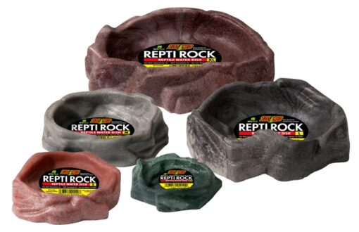 Five Repti Rock water / food bowls in different sizes and colours, which look like stones, are lined up in a row.