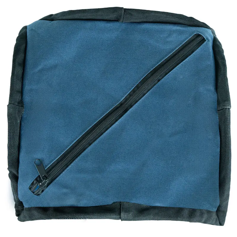 Blue bag with diagonal zip and dark edging.