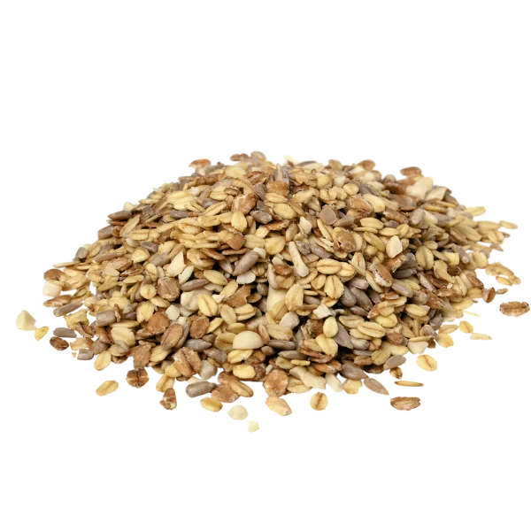 Nahaufnahme von Vogelfutter, einer Mischung aus Haferflocken, Sonnenblumenkernen und Erdnüssen.