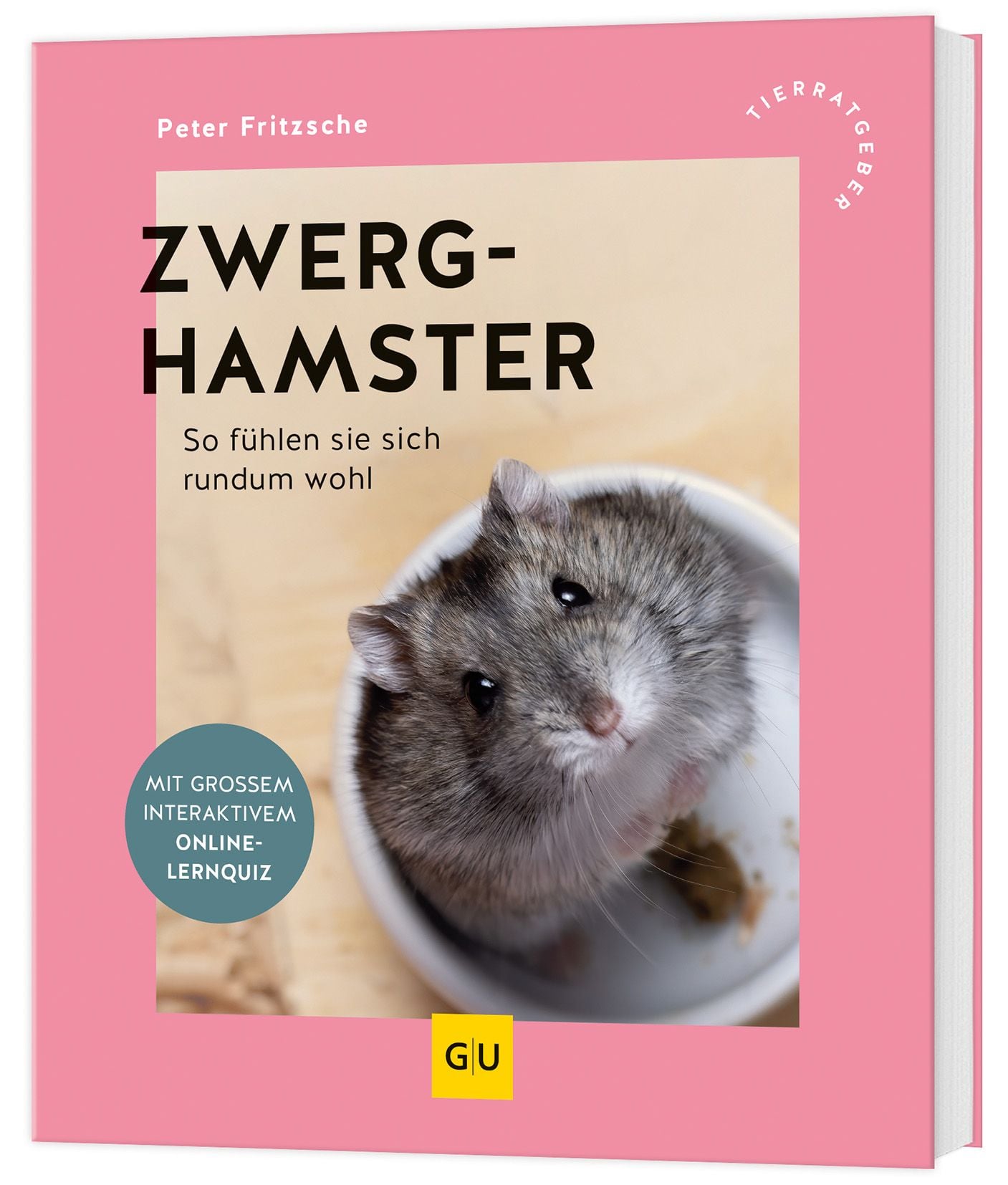 Copertina rosa con un criceto nano grigio dallo sguardo curioso e dalle guance bianche che fa capolino da una ciotola chiara. Titolo: "CRICETO NANO" di Peter Fritzsche. Sottotitolo: "Come farli stare bene". Quiz didattico online.