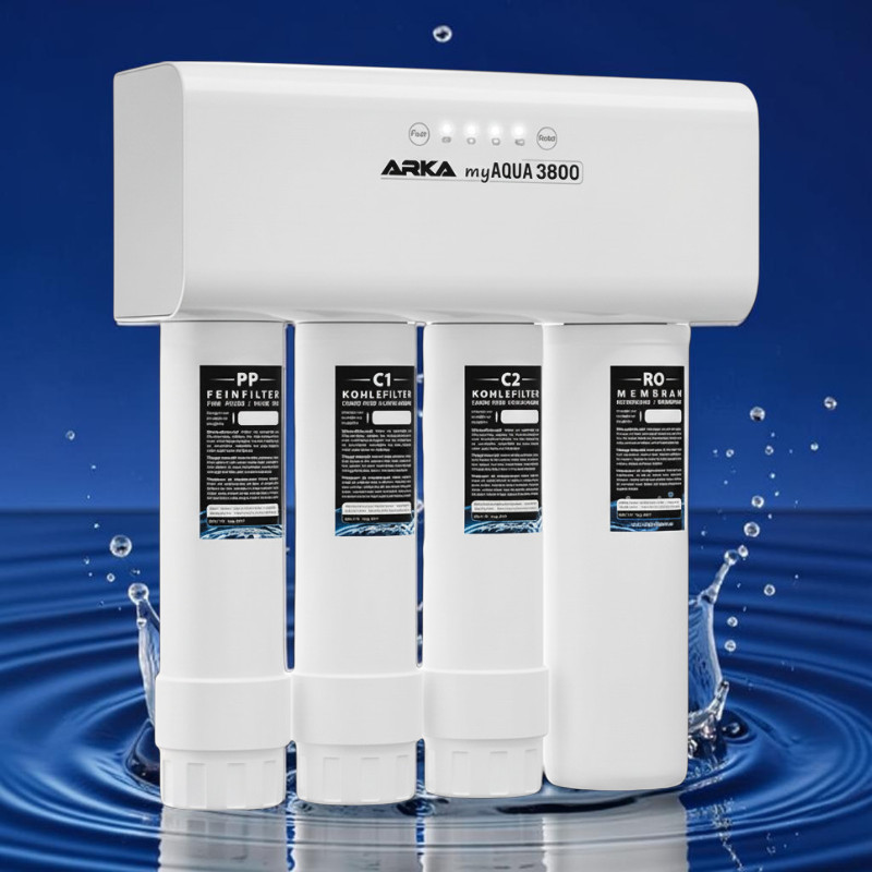 White Arka myAqua 3800 reverse osmosis system with four vertical filter cartridges: fine filter, two carbon filters and RO membrane. Features the logo at the top. Blue background with water splashes and waves symbolising purification.