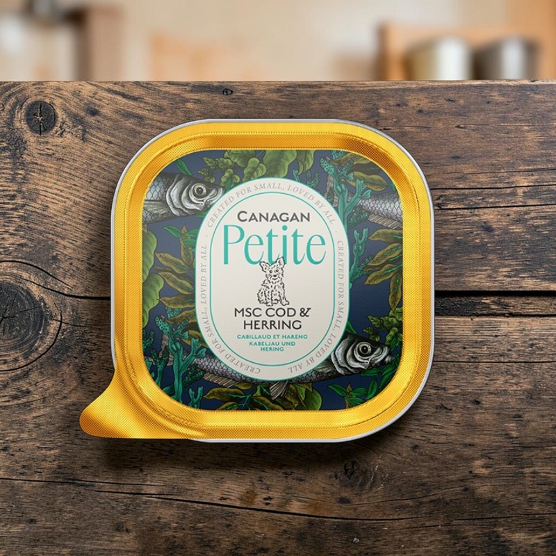 Gamelle rectangulaire « Canagan » petite, bord jaune sur bois foncé. Couvercle bleu illustré de morue, hareng et plantes aquatiques. Étiquette ovale : « MSC COD & HERRING » + motif de chien, « CREATED FOR SMALL, LOVED BY ALL ».
