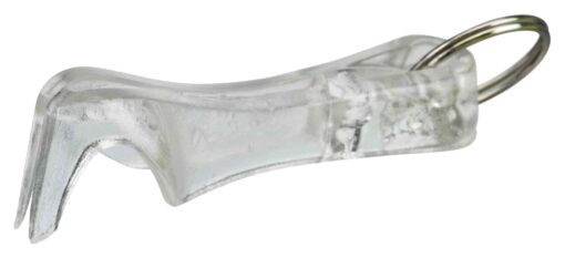 Tiralampo in plastica trasparente con anello in metallo per portachiavi.