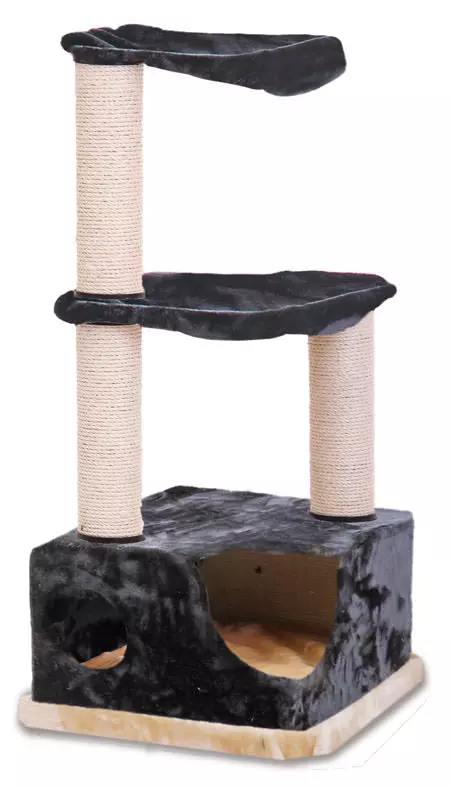 Arbre à chat Cordoba avec niche de repos, boîte chillout et griffoirs en sisal. Coloris beige et noir.