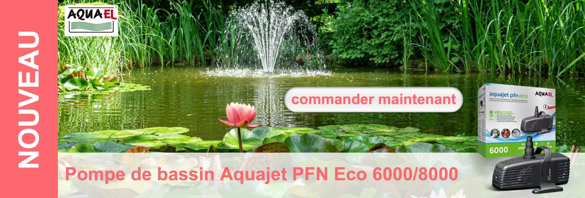 Paysage d'étang avec nénuphars, fontaine et pompe d'étang Aquajet.