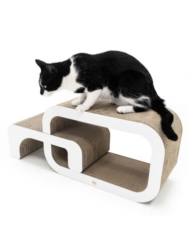 Ein schwarz-weißer Kater sitzt auf einem modernen Kratzmöbel aus Wellpappe, das eine geschwungene, stufenartige Form hat und mit weißen Rändern akzentuiert ist. Der Kater blickt nach unten, bereit zum Herunterspringen oder Erkunden.