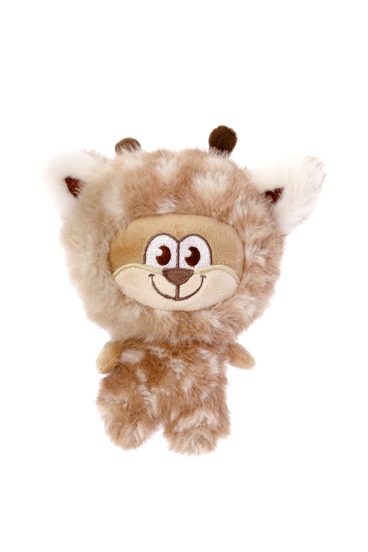 Light brown and white spotted Labau ‘ Animals ’ soft toy for dogs. Soft cuddly toy with a round, beige face, smiling eyes and a small mouth. Imaginative costume with brown ears. Giraffe pattern.