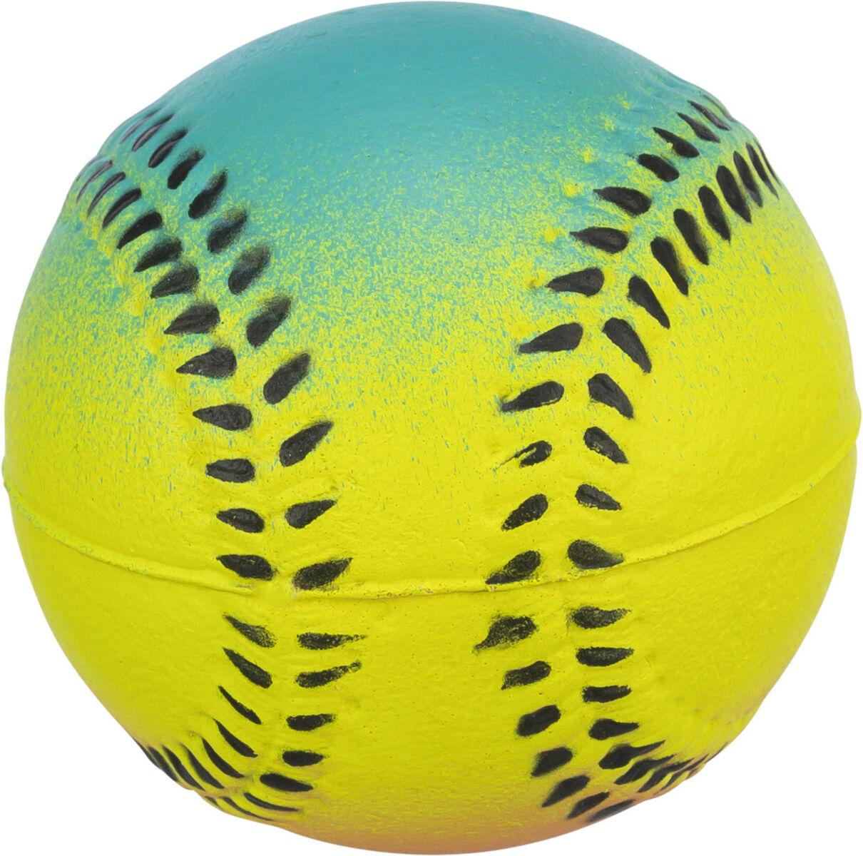 Palla da softball rotonda, giallo brillante in basso che sfuma in turchese intenso verso l'alto. Superficie leggermente granulosa. Due file curve di punti neri allungati la attraversano, come cuciture.
