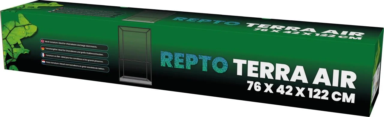 Rechteckige Verpackung für Repto Terra Air Gitterterrarium, dunkelgrün mit schwarzem Verlauf. Groß in Weiß: "REPTO TERRA AIR 76 X 42 X 122 CM". Links Chamäleon-Silhouette mit Blattmuster; mehrsprachiger Text: ideal für Chamäleons, Stabheuschrecken.