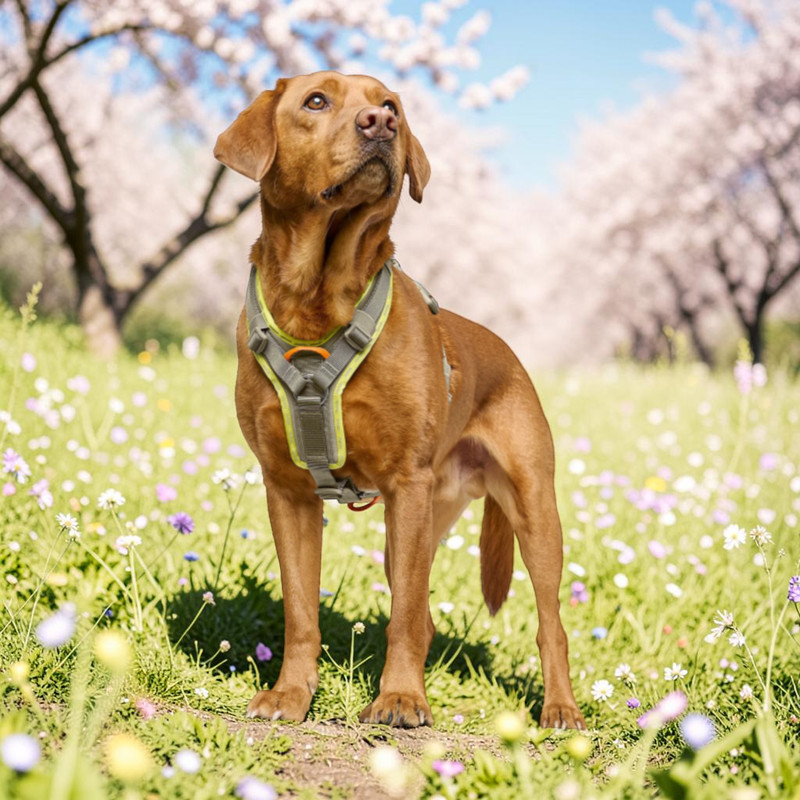 A brown dog wearing an ergonomic grey-green harness stands in a blossoming spring meadow beneath trees in full bloom with pink blossoms. The dog is looking intently towards the top right. The ErgoMove Pro harness is clearly visible.