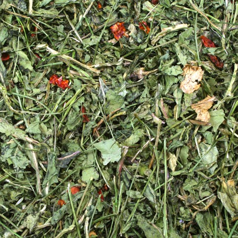 Close-up of a mixture of dried herbs: dark green leaves, thin grass-like stalks and small, irregularly shaped red pieces. A varied texture with flat and crumpled elements in a voluminous pile.