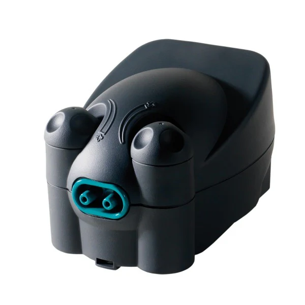 Pompa ad aria Newa Wind NW 22 grigio scuro con due uscite, adatta per acquari fino a 300 litri. Design compatto, con regolatore.