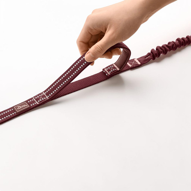 Une main tient une laisse Hunter Action ErgoMove Pro de couleur baie, qui traverse l'image de gauche à droite. On distingue des points réfléchissants, une poignée rembourrée pour une prise en main courte et l'amortisseur de secousses intégré.