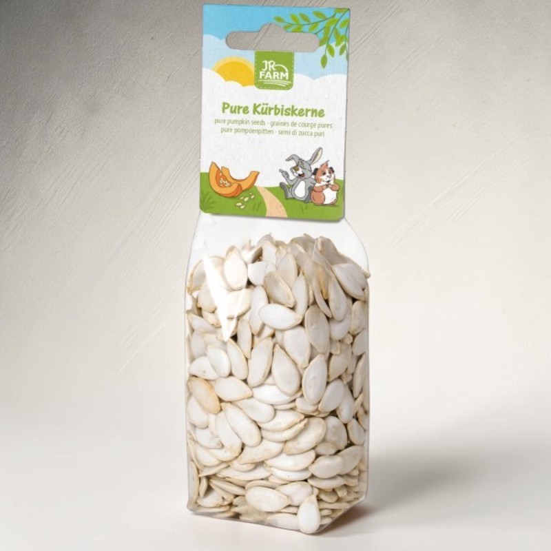 Transparent plastic packaging with many light beige, oval pumpkin seeds on a light surface against a light grey background. At the top, a colourful cardboard strip with JR Farm, “Pure Pumpkin Seeds” and pumpkin and animal illustrations.