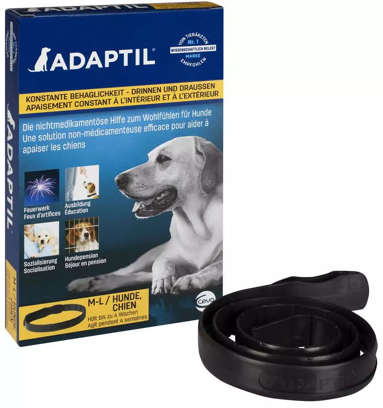 Packaging and the Adaptil collar for dogs in black, shown rolled up.
