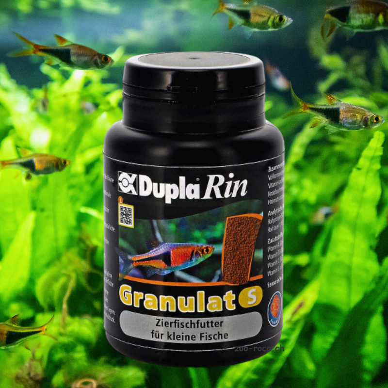 Aquarium-Szene mit DuplaRin Granulat S Futterdose im Fokus, Fische schwimmen im Hintergrund.