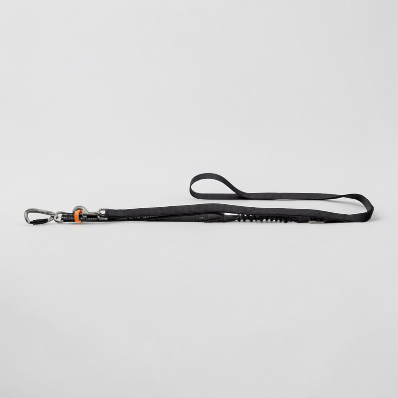 Laisse noire pour chien avec des éléments réfléchissants sur fond gris clair. À gauche, un mousqueton de sécurité en aluminium argenté rehaussé d'une touche orange. Amortisseur de secousses intégré et dragonne réglable visibles.