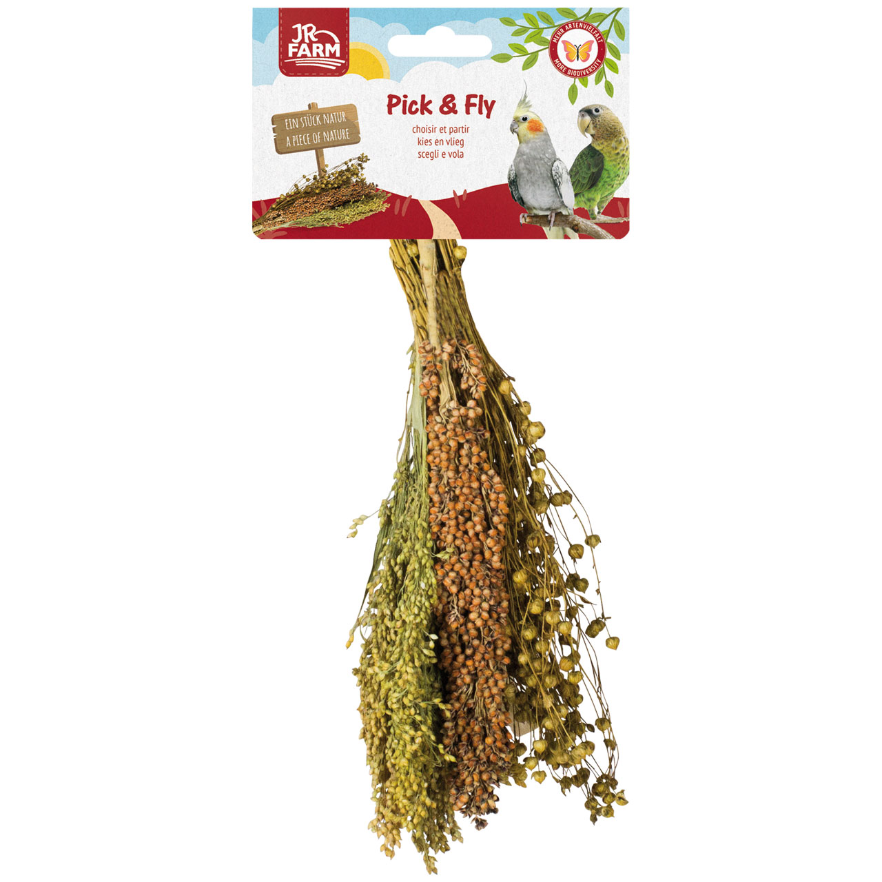 Several bundles of dried birdseed bouquets hang from a packet. Various types of millet and grains, light green, yellowish and reddish-brown, with densely packed seeds. Top: ‘JR Farm Pick & Fly’ featuring two parrots.
