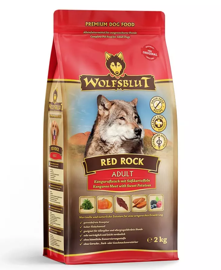 Emballage Wolfsblut Nourriture pour chiens Red Rock Adult avec du loup, de la viande de kangourou et des patates douces.