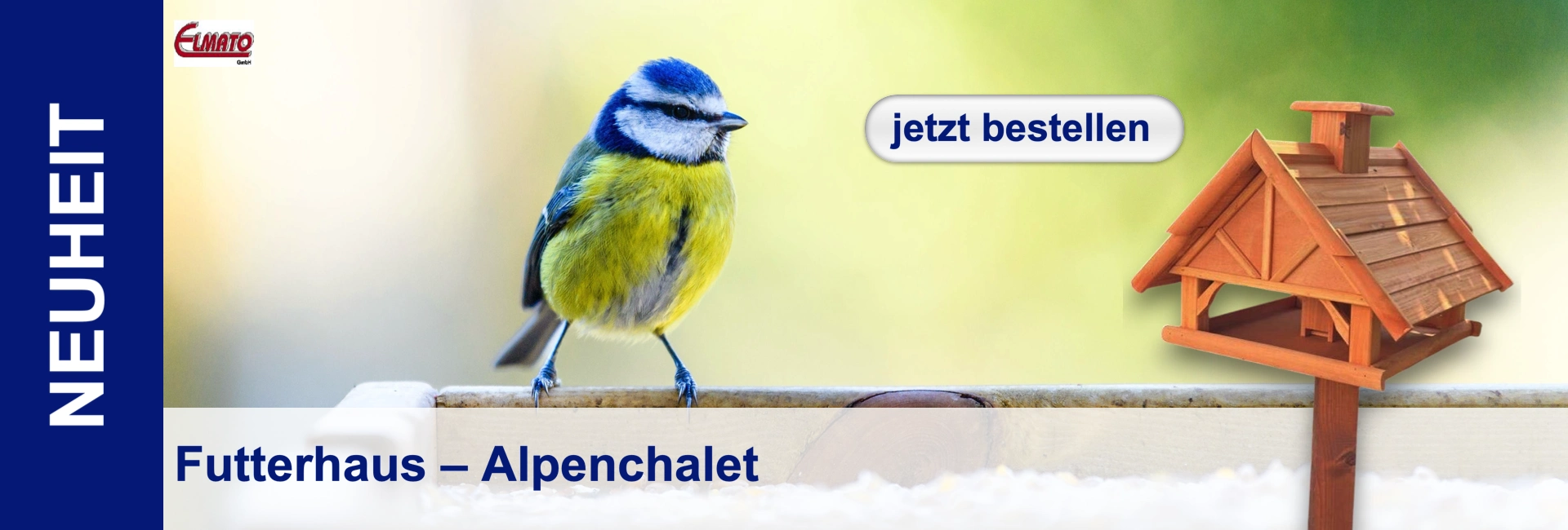 Blue tit on feeding board in front of wooden feeder; "order now" button in the background.