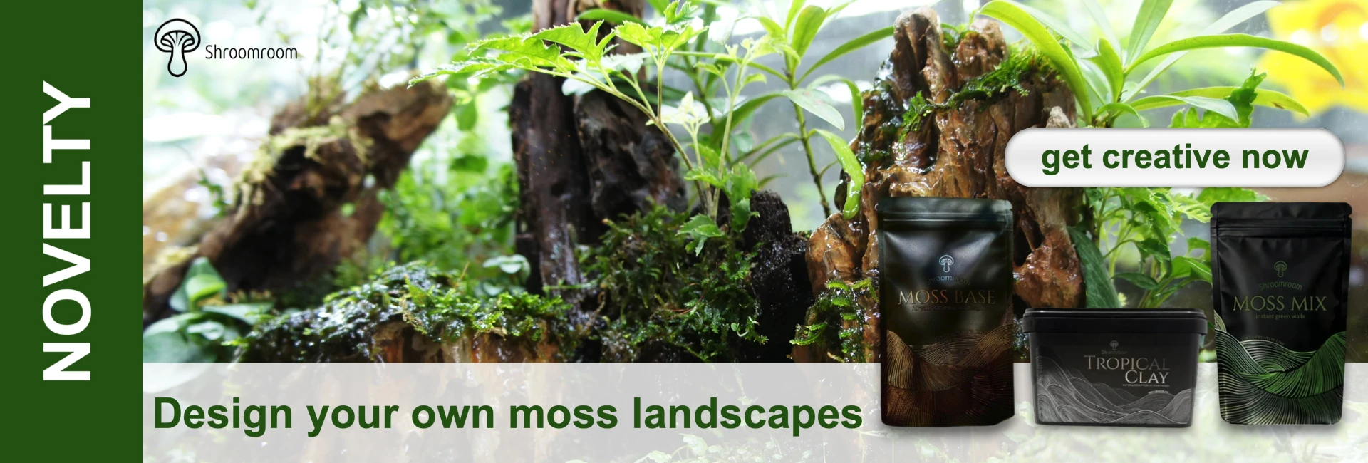 Moss landscape with plants, stones and products such as moss base, tropical clay and moss mixture for the construction.