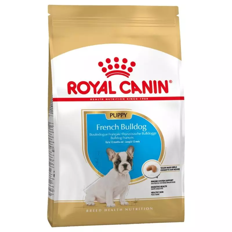 Royal Canin Paquet de nourriture French Bulldog Puppy avec un chiot Bulldog.