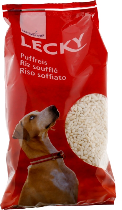 Sacchetto rosso "Lecky Puffed rice" con illustrazione di cane e riso soffiato.