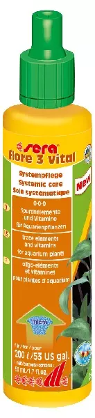 Yellow bottle Sera Flore 3 Vital with green cap, product for aquarium plant care.