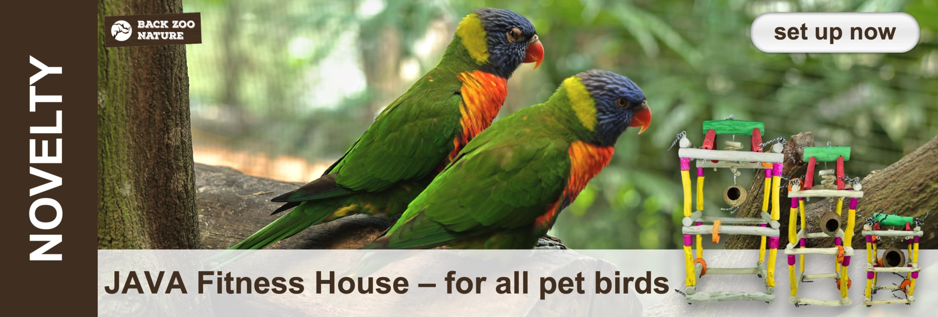 Two colourful lories with green feathers, blue heads, yellow stripes and orange chests are perched on a branch against a blurred green background. Next to them is a multi-storey, colourful bird playhouse with hanging toys and coconut shell nests.