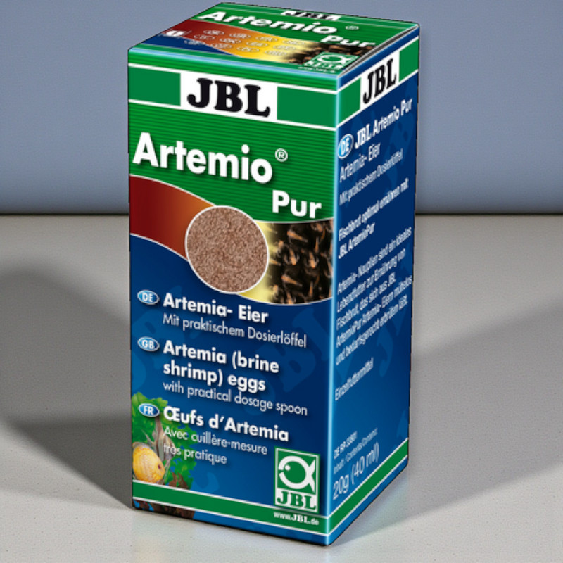 Emballage de JBL ArtemioPur 40ml avec des oeufs d'artémias et une cuillère doseuse pour votre propre nourriture vivante.