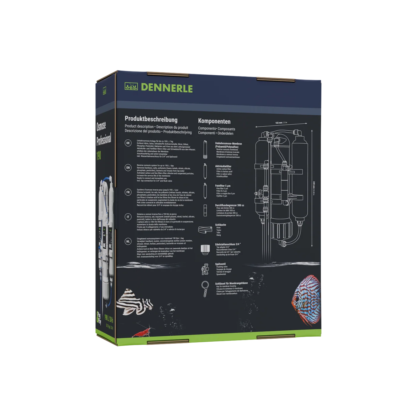 Packaging for the Dennerle Osmose Professional 190, a complete system for aquariums. Featuring a multilingual product description, a technical diagram of the components and the water treatment process, as well as illustrations of fish and shrimps.