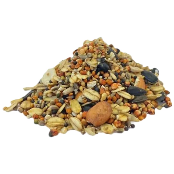 Nahaufnahme: Mischung aus Körnern, Saaten und Nüssen für Wildvögel auf schwarzem Hintergrund.