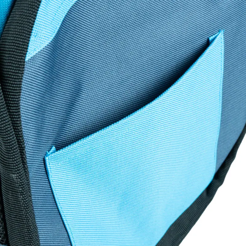 Close-up of a blue bag with an attached light blue bag.