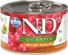 Tin can Farmina N&D Dog food, herring-coconut variety, Skin&Coat, red background.