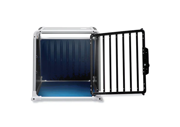 Open Alu4pets ECO 3 dog crate with mesh door, blue interior and white frame against a white background.