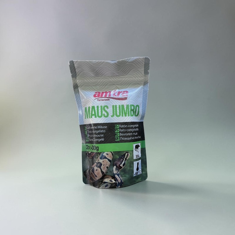 Una confezione di "Mouse Jumbo" congelati per terrari con l'immagine di un serpente su uno sfondo chiaro.