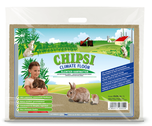 Emballage Chipsi CLIMATE FLOOR (tapis chanvre) : paysage champêtre, fillette avec cochon d’Inde, lapins/hamsters. Fibres naturelles sans poussière, neutralise les odeurs.