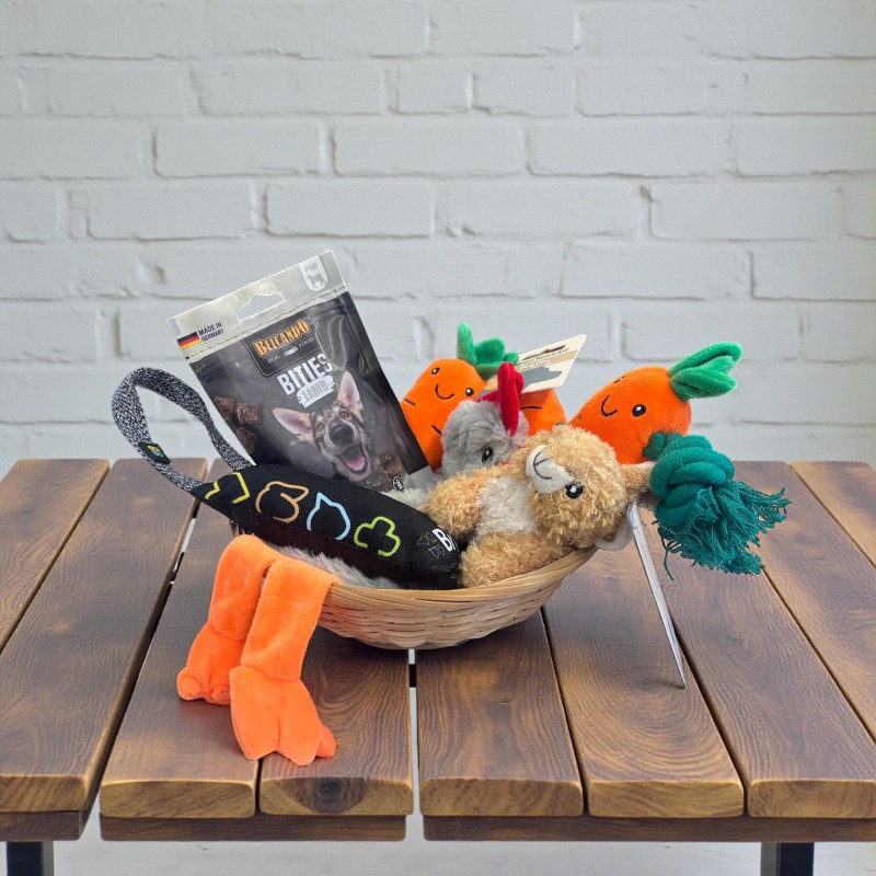 Gefüllter Osterkorb für Hunde: Spielzeug-Karotten, Plüschtier, Snacks und Apportier-Spielzeug in einem Korb auf einem Holztisch.