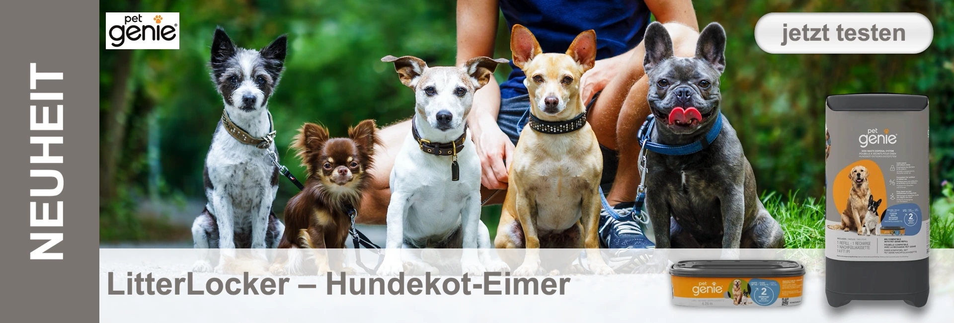 Cinque cani di razze diverse siedono doverosamente l'uno accanto all'altro di fronte a una persona con un cestino per cani LitterLocker in primo piano.