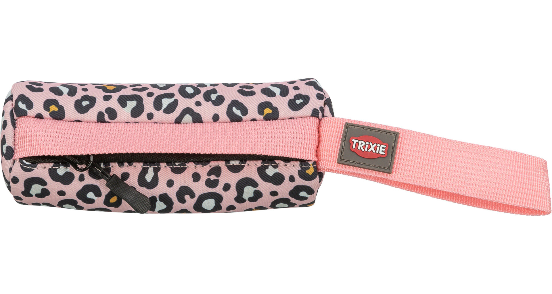 Längliche rosafarbene Tasche mit schwarzem Leopardenmuster und gelben Akzenten auf weißem Grund. Oben ein pinkfarbener Streifen, darunter schwarzer Reißverschluss mit Zipper. Rechts ragt ein pinkfarbener Gurt mit TRIXIE-Logoetikett heraus.