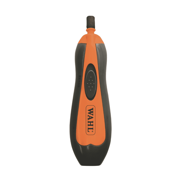 Lima unghie senza fili Wahl per animali domestici dal design ergonomico nero/arancione. Superficie centrale arancione con logo Wahl verticale. In alto testina di limatura scura, al centro pulsante ovale per limare in silenzio.
