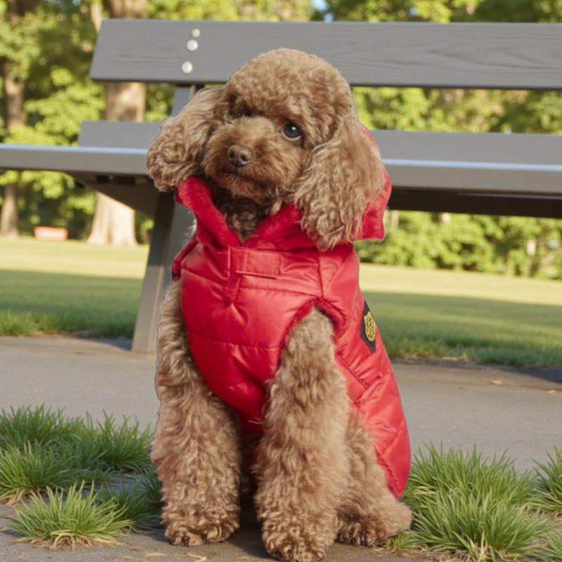 Quilted coat with detachable hood and faux fur lining red