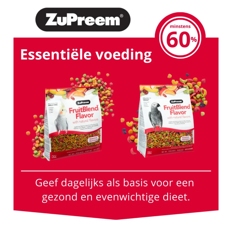Due sacchetti di mangime per uccelli ZuPreem FruitBlend su sfondo rosso: a sinistra un cacatua ninfico, a destra un cacatua grigio. Pellet colorati sparsi. In alto: «Essentiële voeding»/«minstens 60%», in basso: «Geef dagelijks ...».