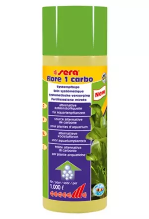 Packaging Sera Flore 1 Carbo: Liquid carbon fertiliser for aquarium plants. Green, yellow and blue.