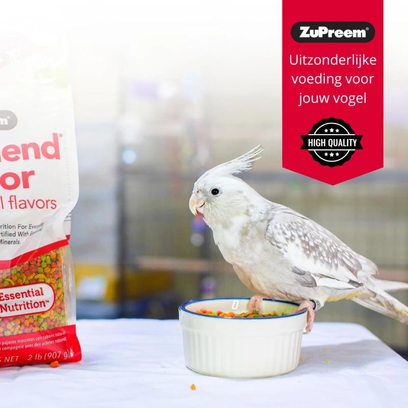 Un calopsittaco bianco con ali grigio chiaro è sul bordo di una ciotola con pellet colorati. A sinistra, una confezione bianca ZuPreem con «Essential Nutrition». L’uccello guarda la confezione. In alto a destra: «HIGH QUALITY».