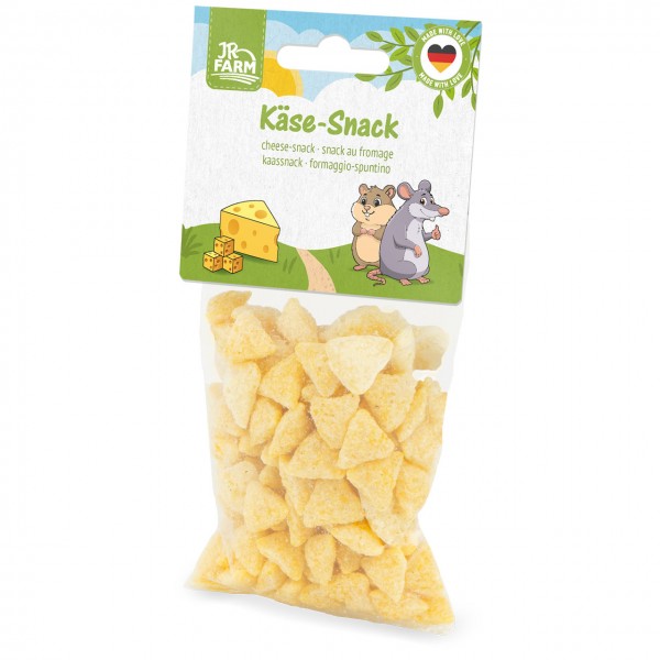 Busta trasparente con snack al formaggio JR Farm per animali: triangoli giallo-dorati. Etichetta «Snack al formaggio», due topolini cartoon, cubetti di formaggio, logo «Made with Love».