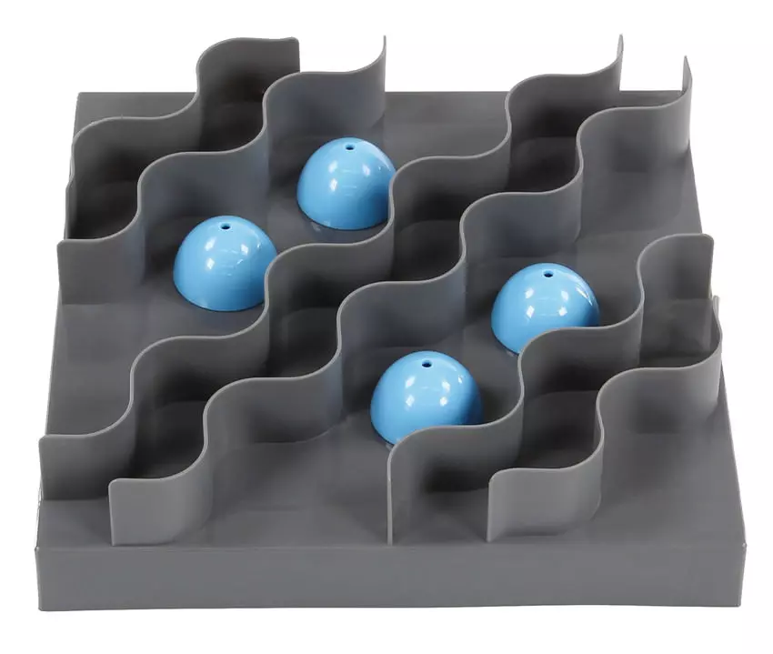 Jouet pour chien gris Swisspet Cleverplay Wave avec quatre éléments bleus clairs en forme de dôme.